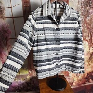 L Boho Striped Button Up Blazer Jacket in Black and White, Size 10 Petite